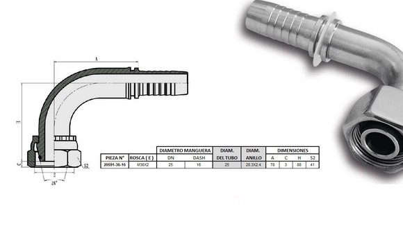 Imagen de HEMBRA CURVO 90° M36 X 2,0-25 16 1'' DKO